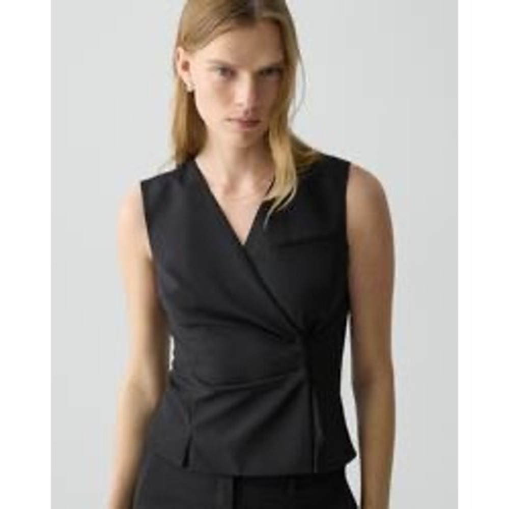 Theory Kenta Black Linen Blend Tie Front Vest Sleeveless Top V-Neck L